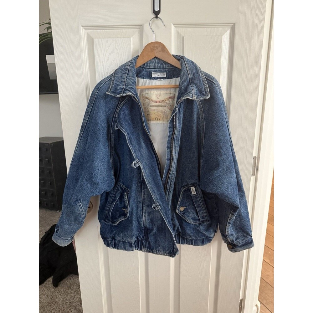 Guess Georges Marciano Vintage 1980s Unisex Denim Bomber Jacket XL Marty McFly - Picture 6 of 16